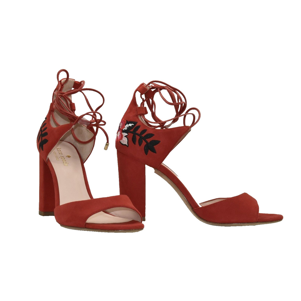 B0 NWOB KATE SPADE Red Suede Embroidered Accent Tie Block Heel Sandals Size 7 M
